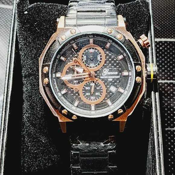 Multi-Functional Quartz Movement Watch in ION Plated Rose Gold & black stainless - Picture 1 of 7